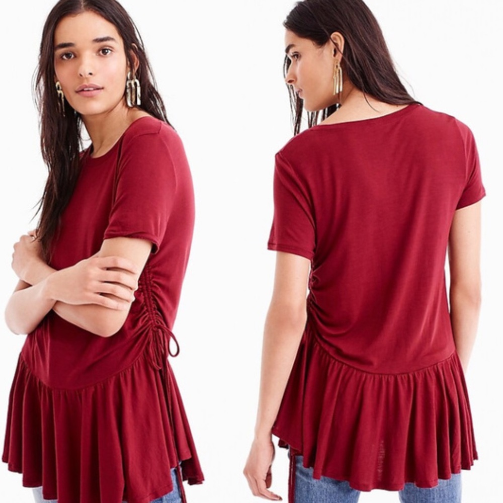 J. Crew Women's Short Sleeve Gathered Tee - Burgundy Size S